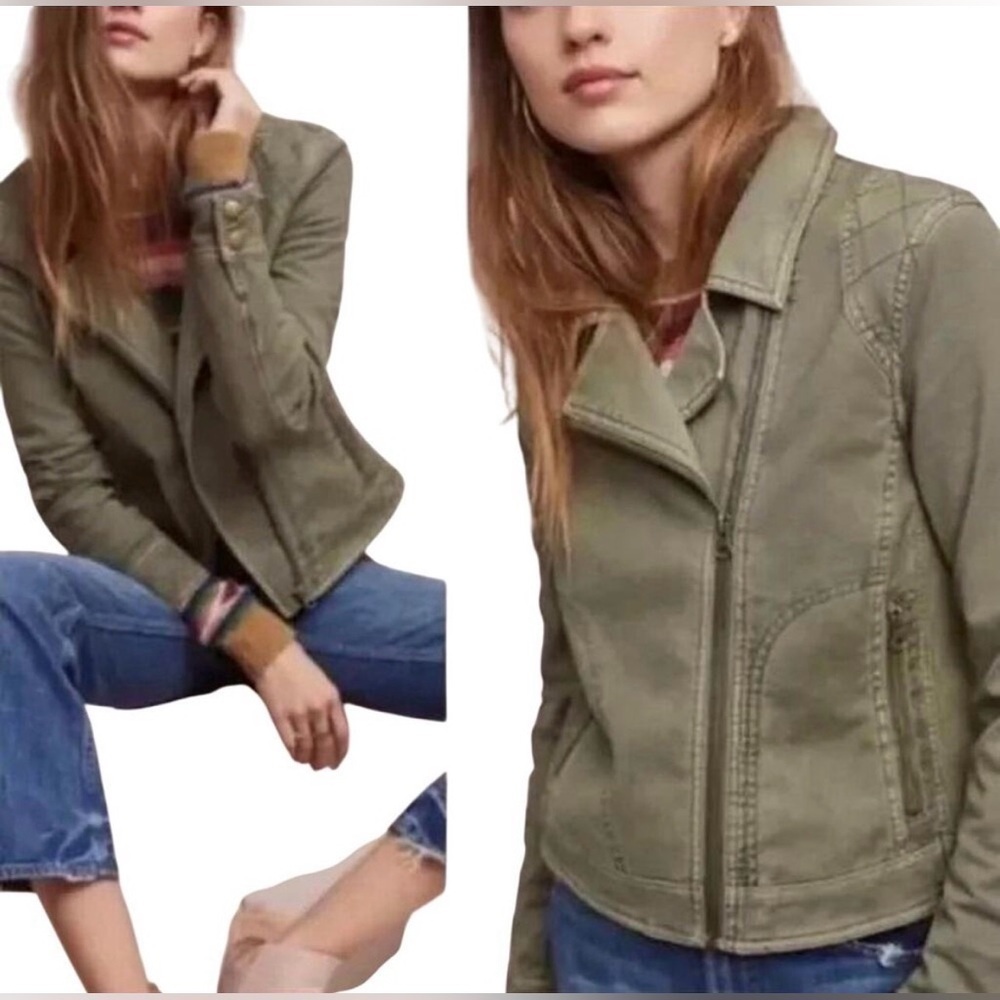 Anthropologie Deep olive green Moto zip jacket Bomber coat L